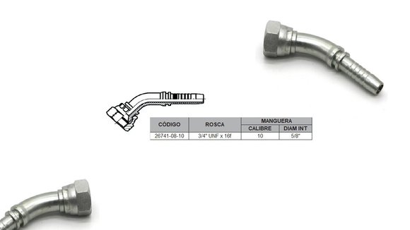 Imagen de HEMBRA CURVA 45° JIC 3/4'' UNF X 16F 10 MANG.5/8''